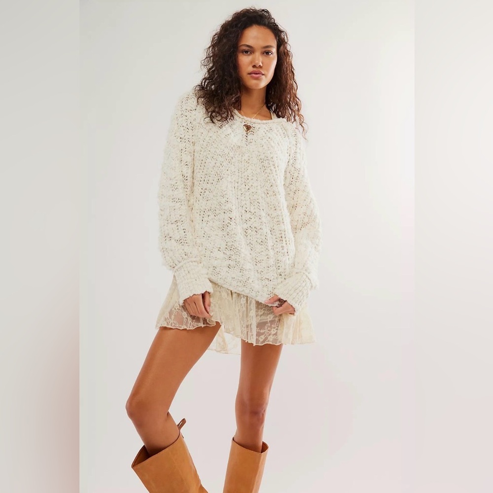 Free People In A Swirl Pullover Sweater Fisherman Loose Knit Cream Small NWOT